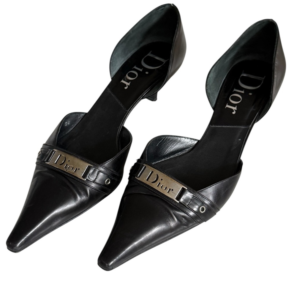 Genuine Leather Christian Dior Black Leather Pointed Toe Kitten Heels US 8.5